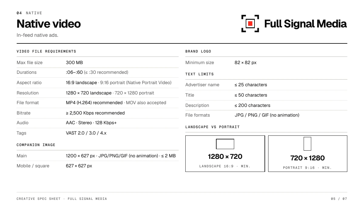 Native video, companion image, logo, and text requirements