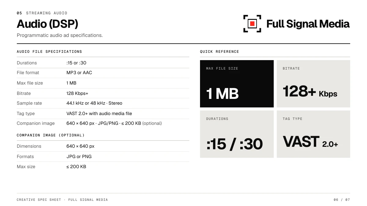 Streaming audio file and companion image requirements